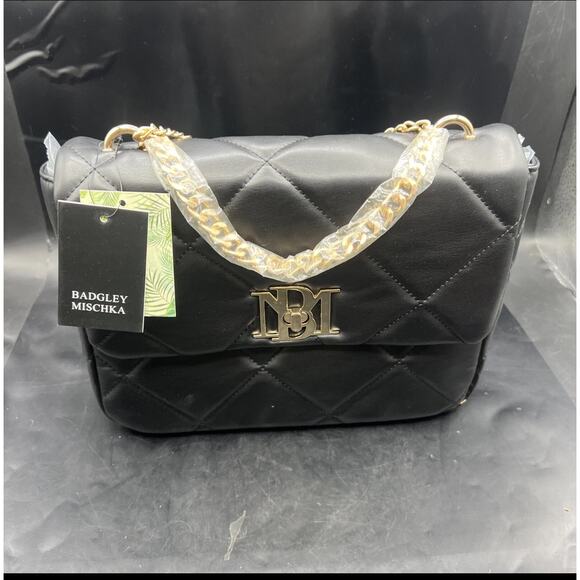 Badgley Mischka Big chain Crossbody Bag with big Diamond quilting Black - Picture 2 of 9